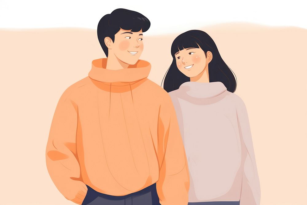 Asian teen couple illustration sweater cartoon adult.