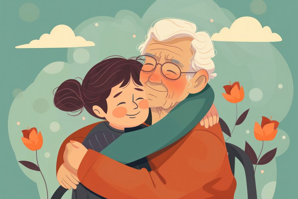 Disabled grandfather hugging adult affectionate.