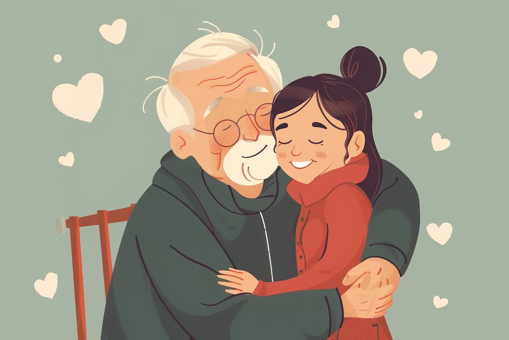 Disabled grandfather hugging cartoon affectionate.