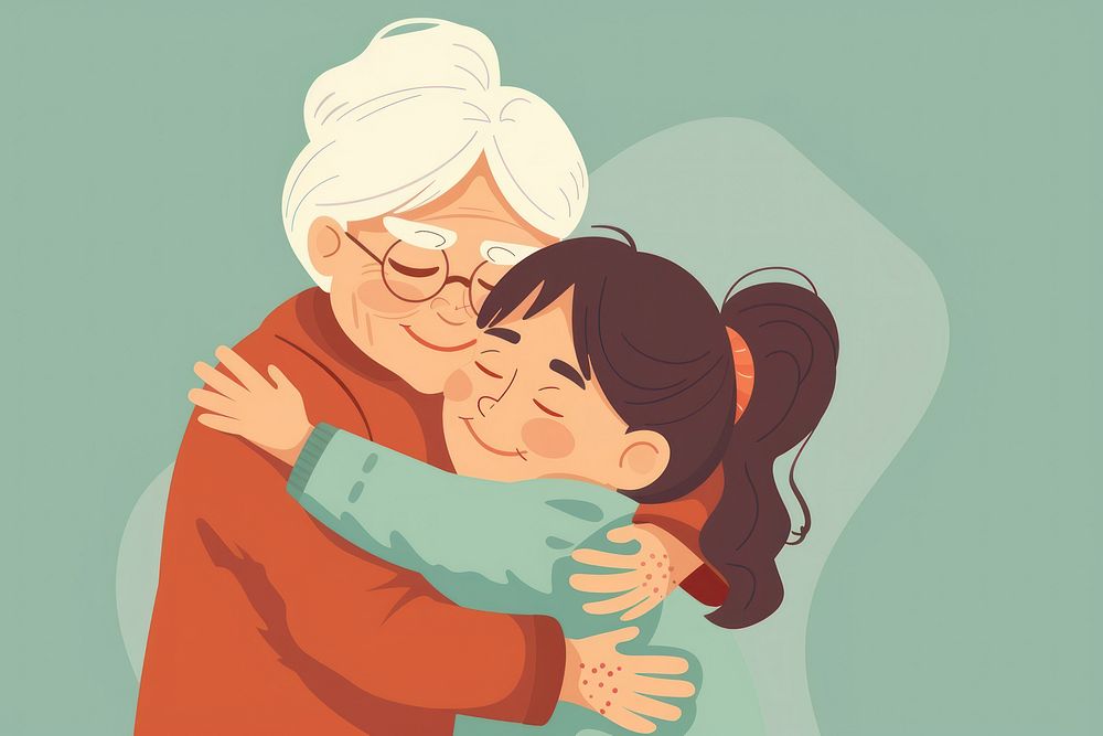 Disabled grandmother hugging family affectionate.