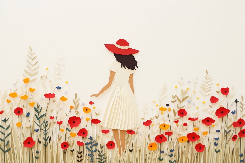 Lady and a flower field painting plant art.