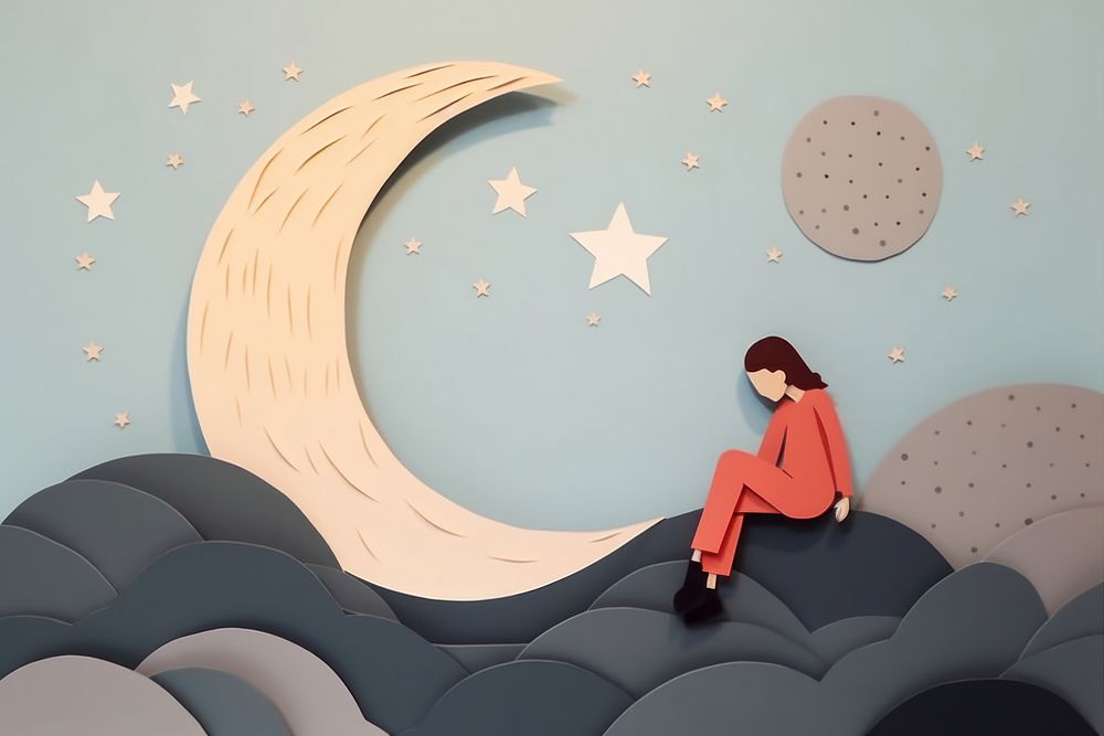 A moon in a dark night and a lady sit on the moon cartoon adult representation.