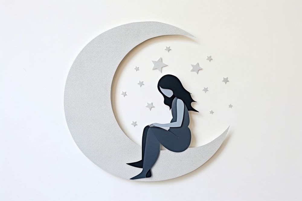 A moon in a dark night and a lady sit on the moon art representation creativity.