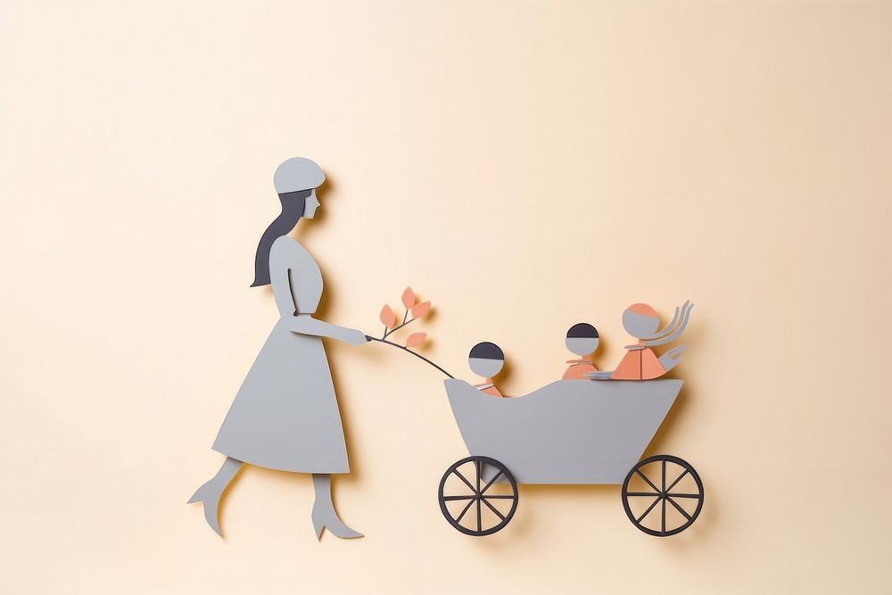 Woman and a baby stroller carriage vehicle art.