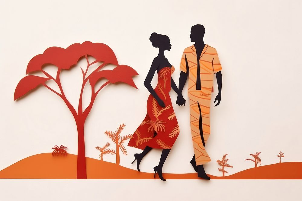 Color paper cutout illustration of an African woman and Asian man painting drawing sketch.