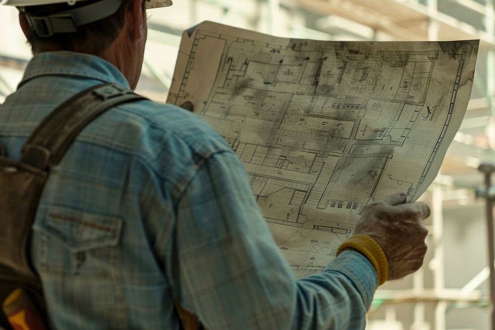 Close-up of a construction worker blueprint planning holding.