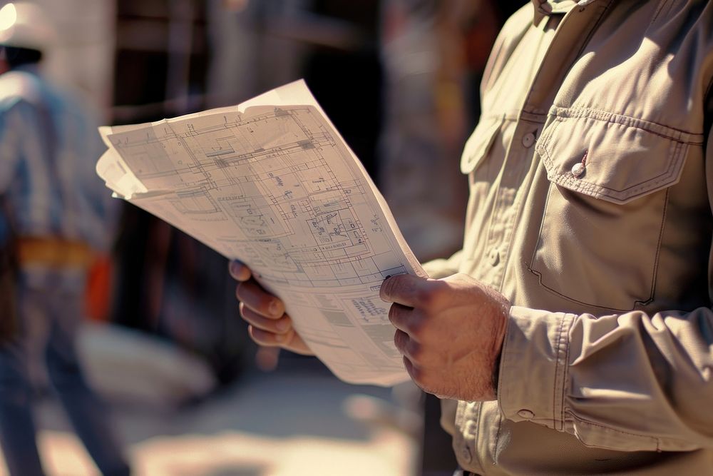 Close-up of a construction worker blueprint document holding.