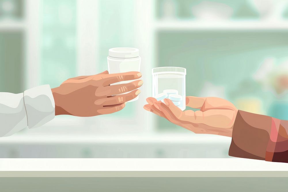 Attractive female hand holding container for medication glass refreshment research.