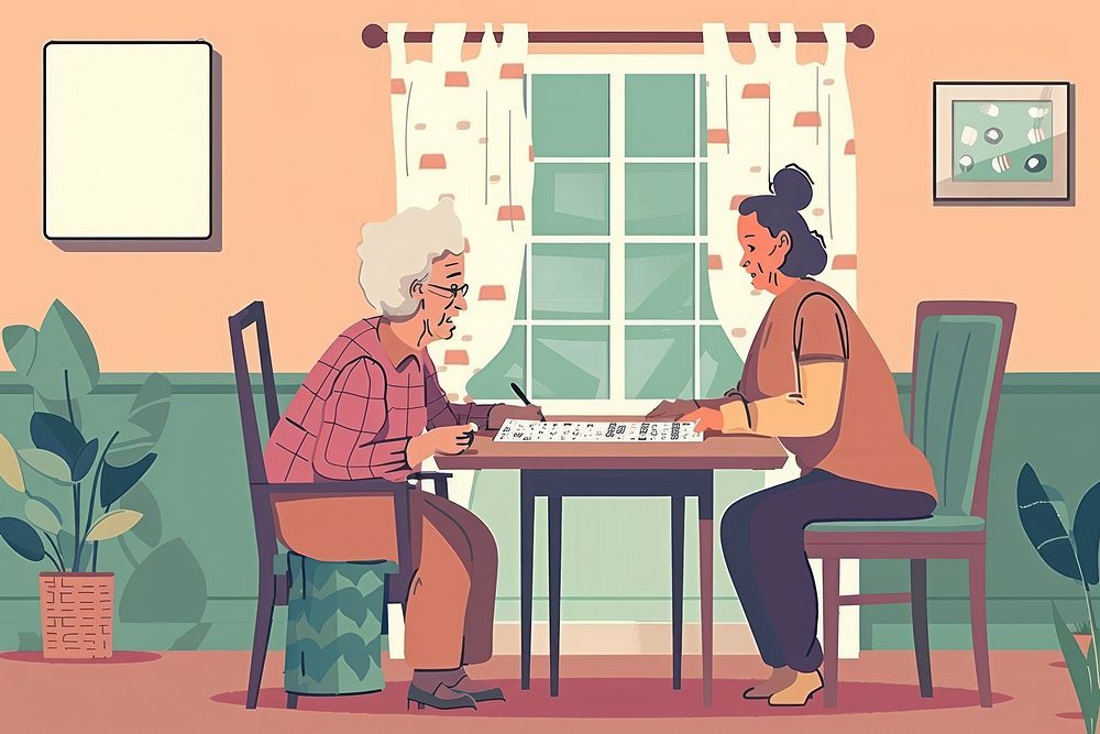 Elderly woman doing crossword furniture table chair.
