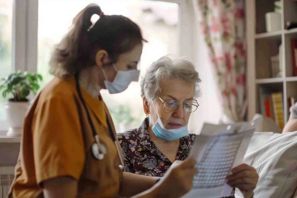 Elderly woman doing crossword adult care stethoscope.