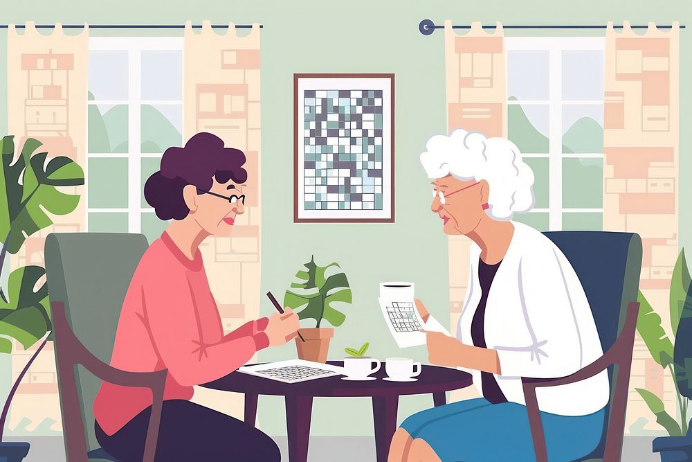 Elderly woman doing crossword furniture table chair.