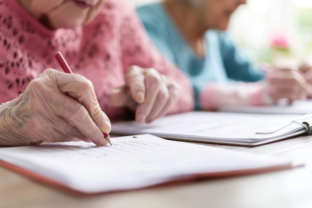 Elderly woman doing crossword writing pen togetherness.