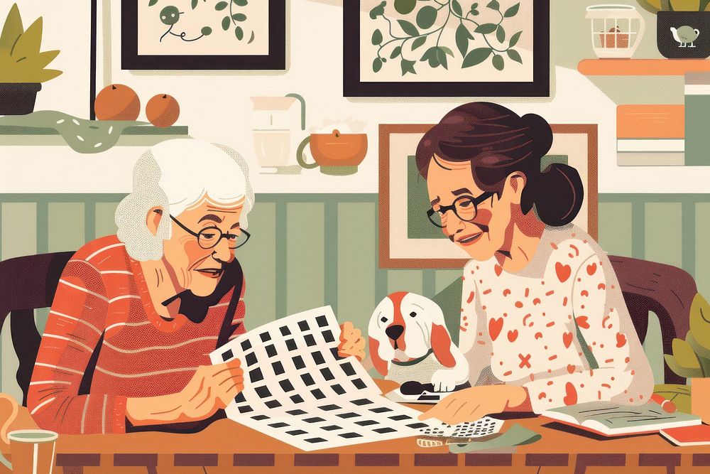 Elderly woman doing crossword glasses adult art.
