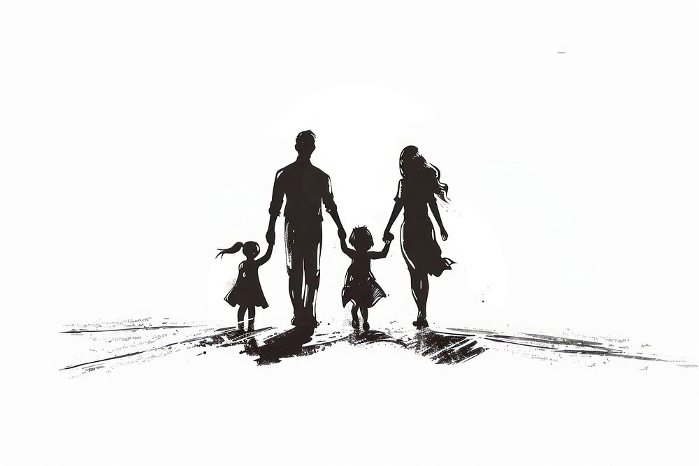 Family holding hands silhouette drawing walking.