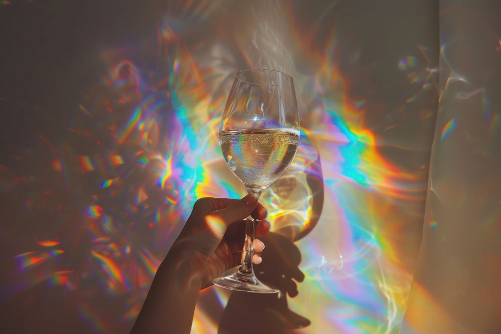 Hand holding wine glass rainbow transparent refreshment.