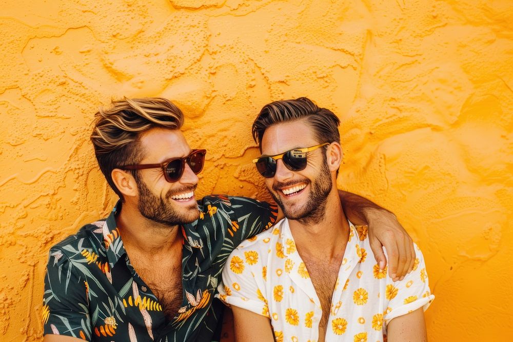 Male friends with arm sunglasses laughing adult.