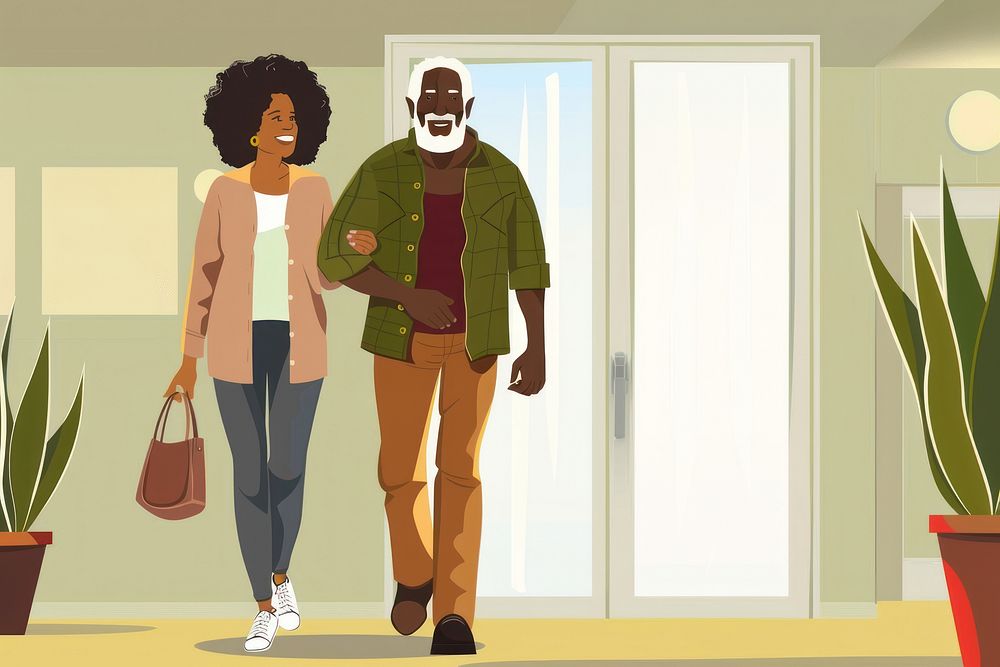 Appy African American woman walks with her senior father walking adult togetherness.
