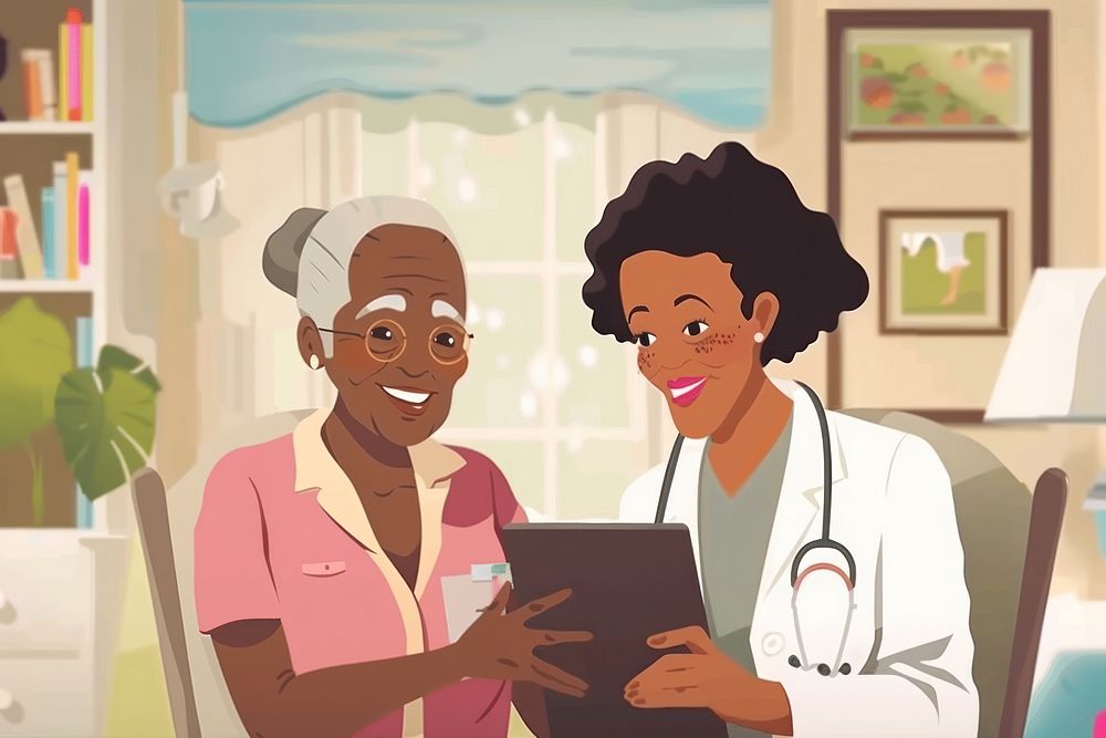 Happy senior woman and black female caregiver analyzing medical doctor adult togetherness.