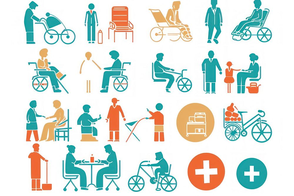 Homecare Services Collection Icons wheelchair bicycle transportation.