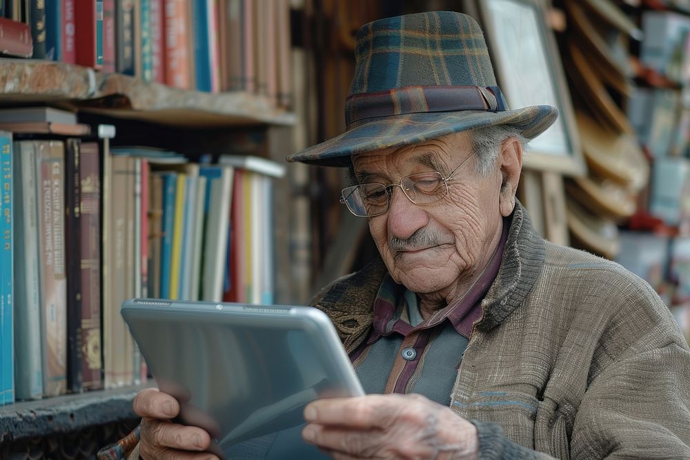 Male Caretaker And Senior Man publication computer reading.