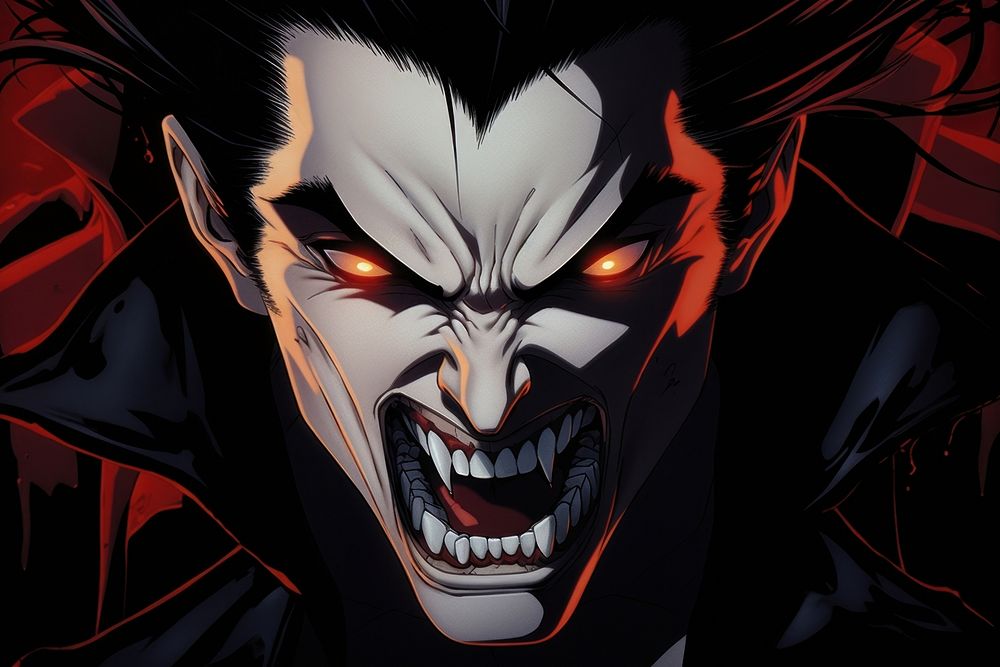 Male vampire showing fang anime aggression disguise.