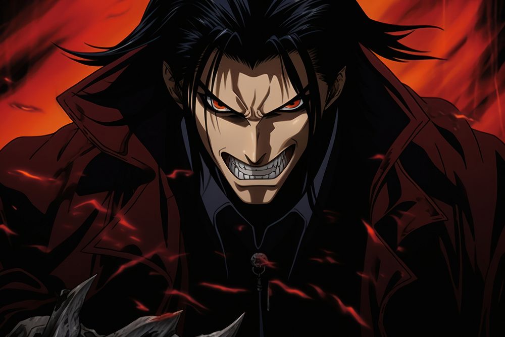 Male vampire showing fang anime architecture aggression.