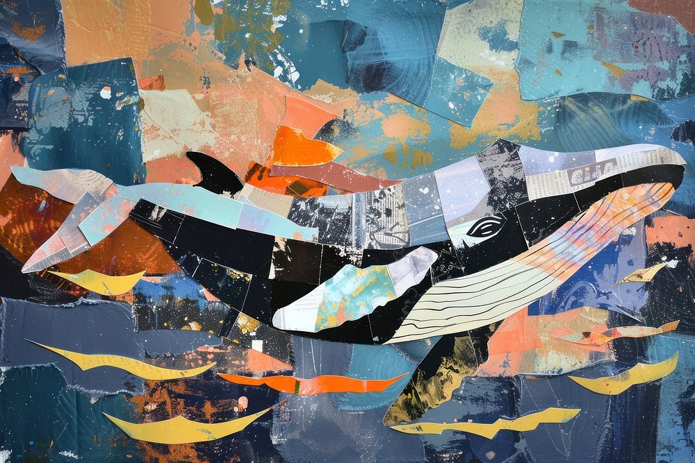 Whale in the ocean collage art painting.