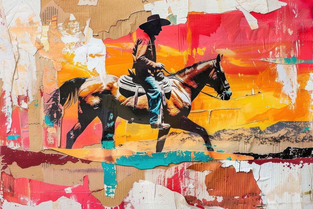 A man riding a horse art painting collage.