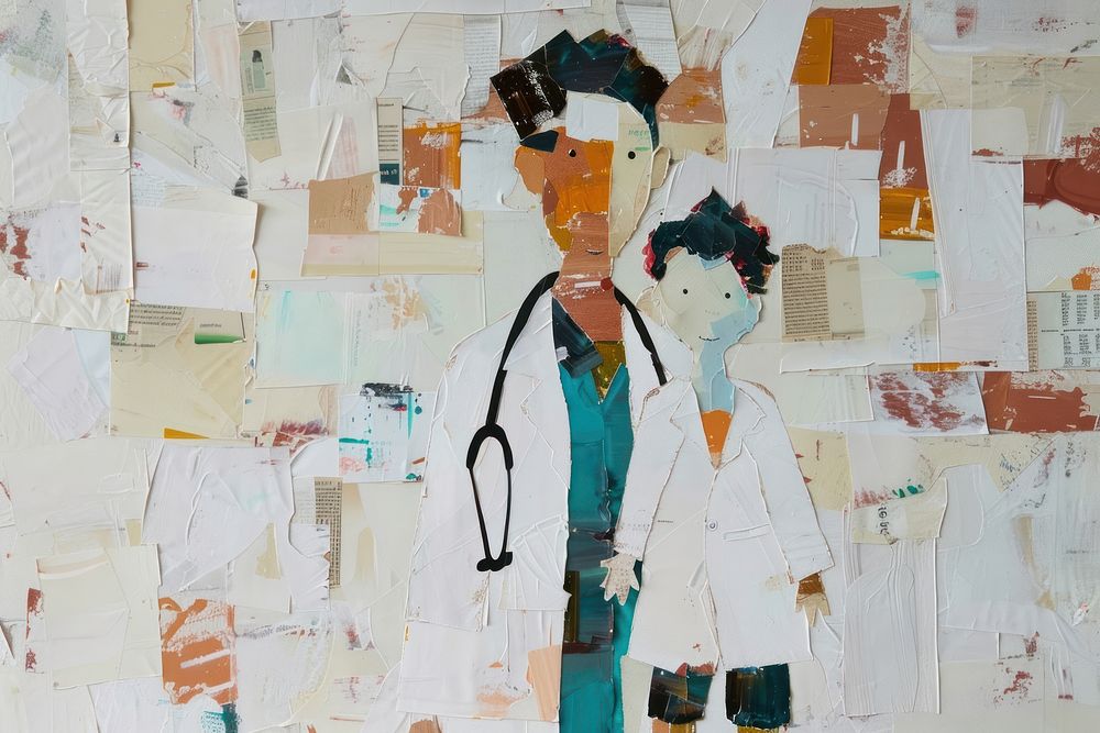 A doctor and a kid collage art representation.