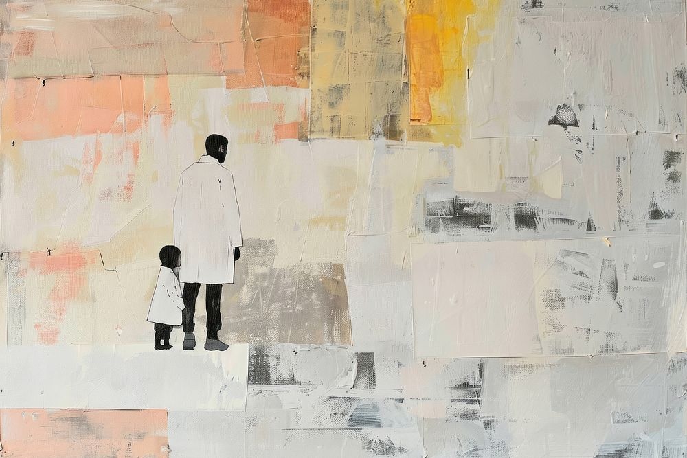 A doctor and a kid art painting wall.