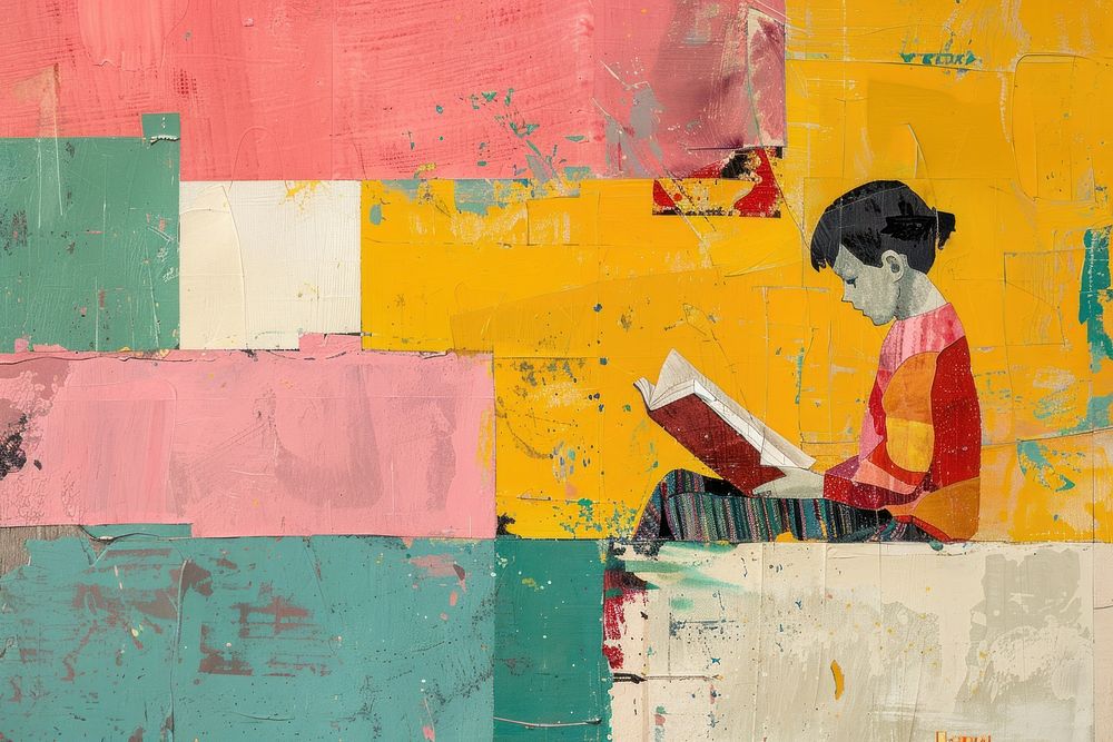 A kid reading book art painting collage.