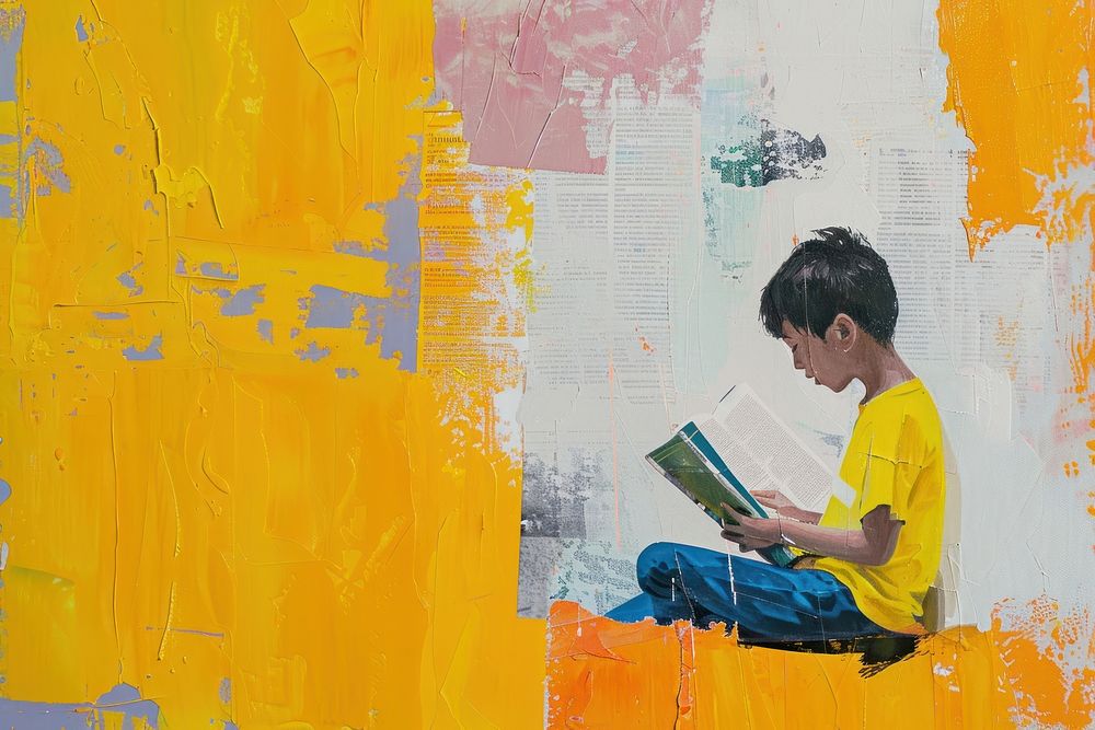 A kid reading book sitting art architecture.