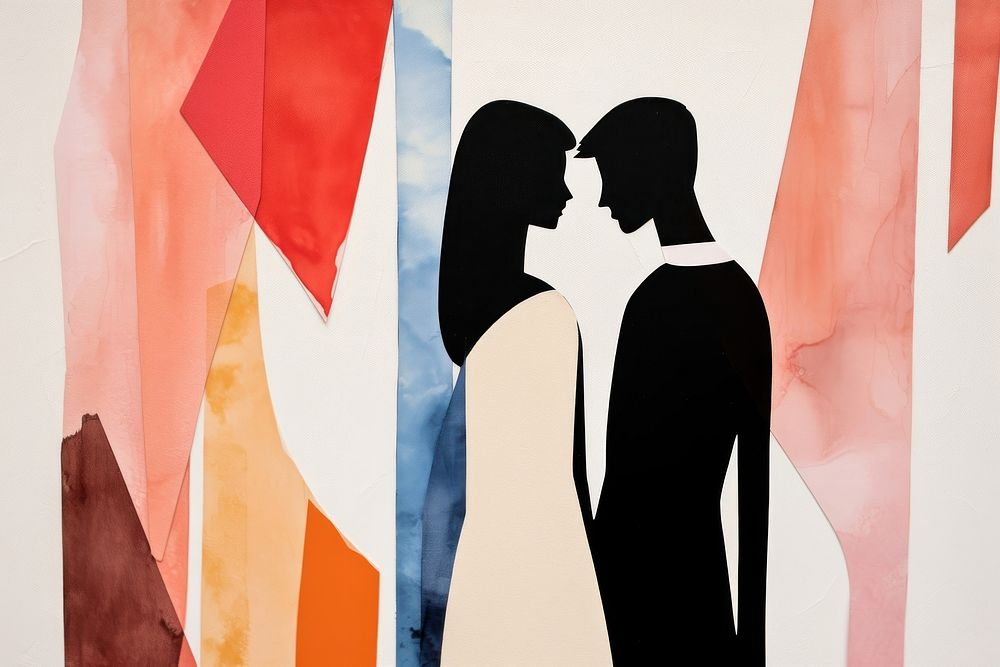 Abstract wedding ripped couples paper art silhouette kissing.