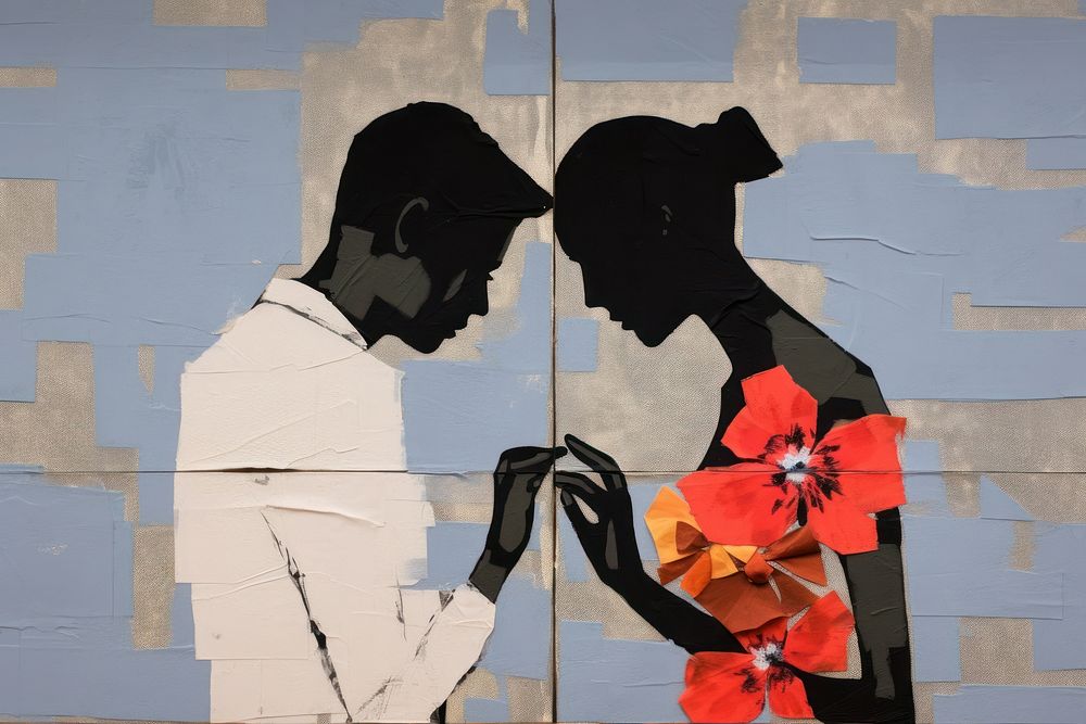 A man give flower to a woman art painting representation.