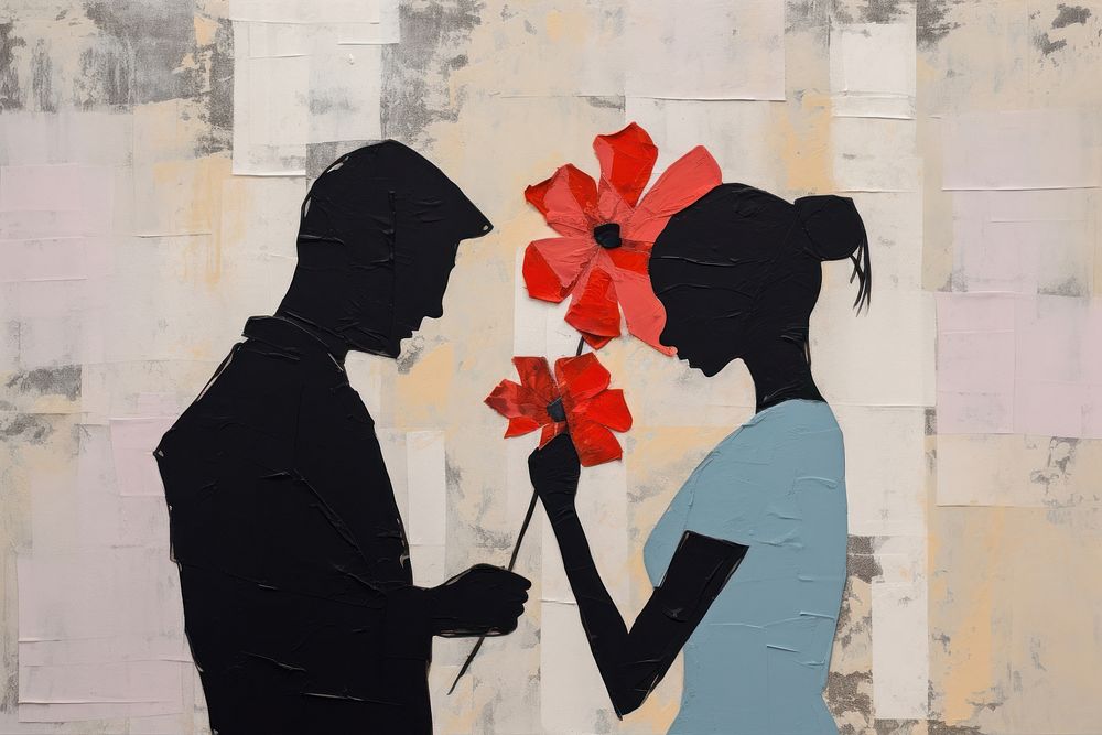 A man give flower to a woman art togetherness affectionate.