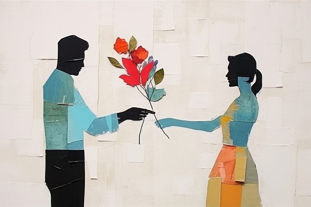 A man give flower to a woman art painting adult.