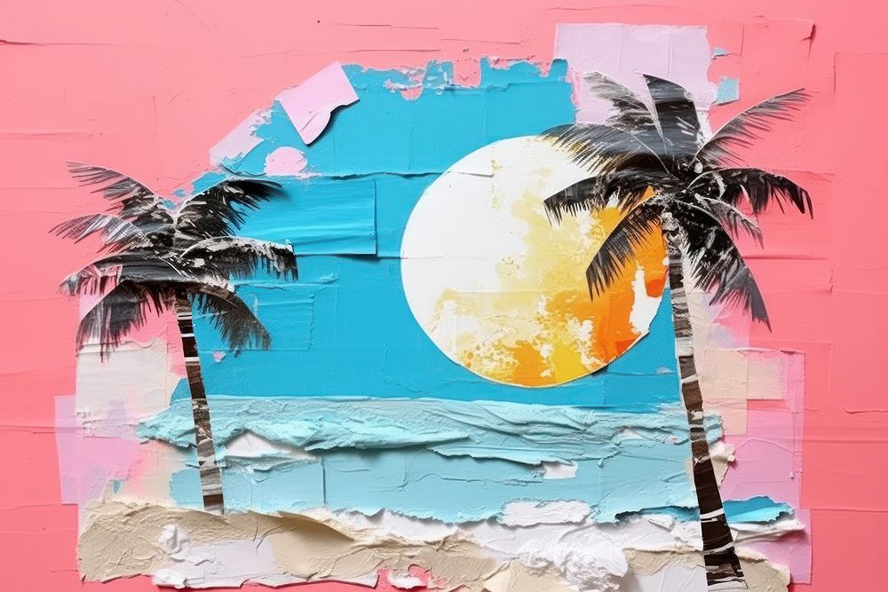 Abstract beach and bright sky ripped paper art painting architecture.