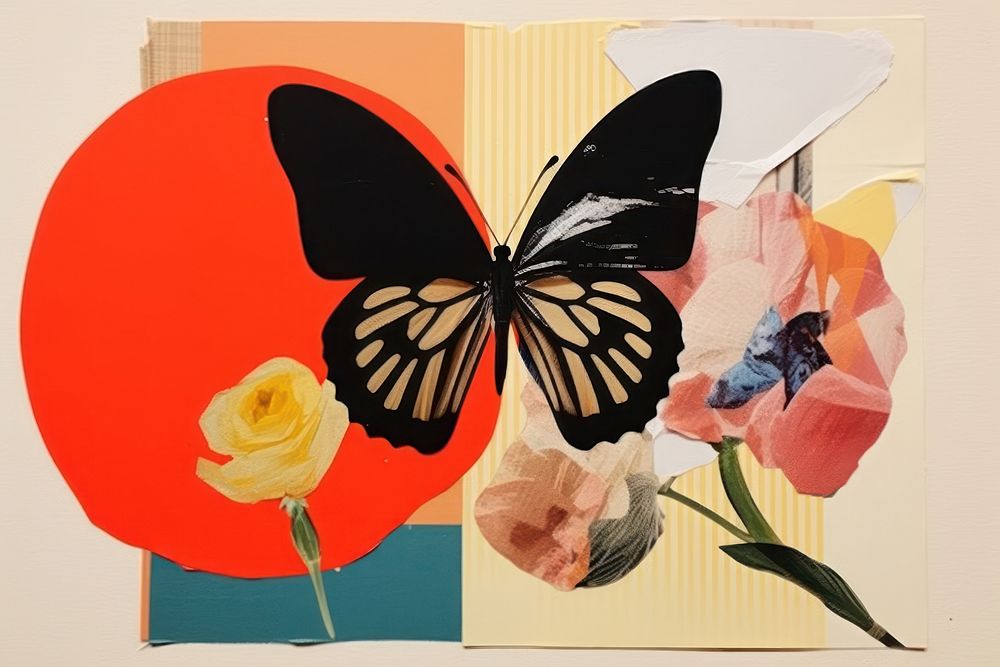 Abstract butterfly and flower ripped paper art painting collage.