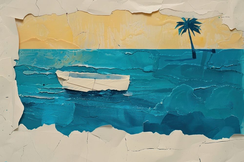 Beach and boat and palm tree art painting creativity.