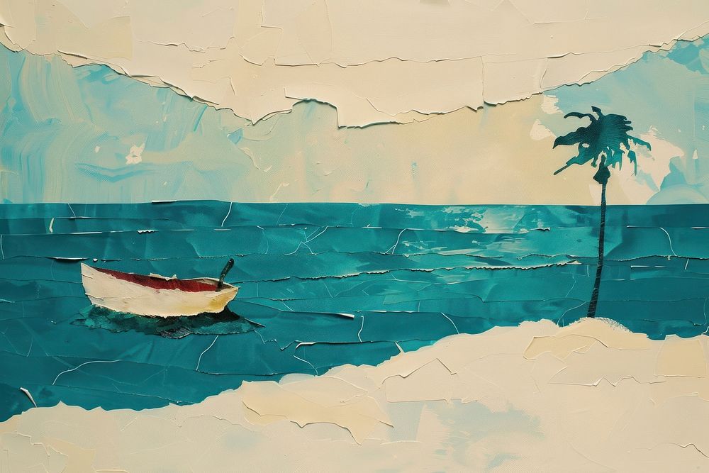 Beach and boat and palm tree art painting outdoors.