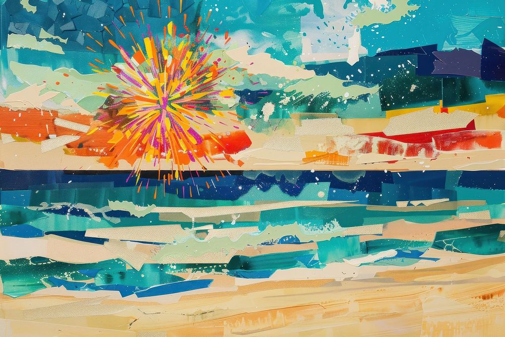 Fireworks at the beach art abstract painting.