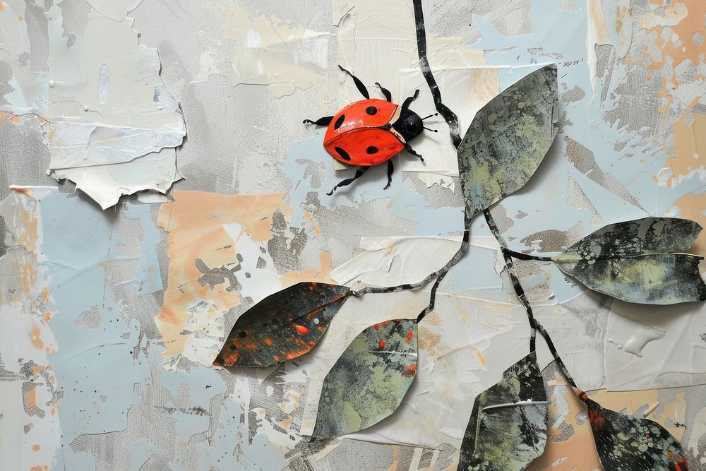 Lady bug and leaves collage art insect.
