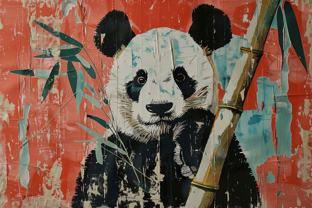 Panda and a bamboo art painting collage.