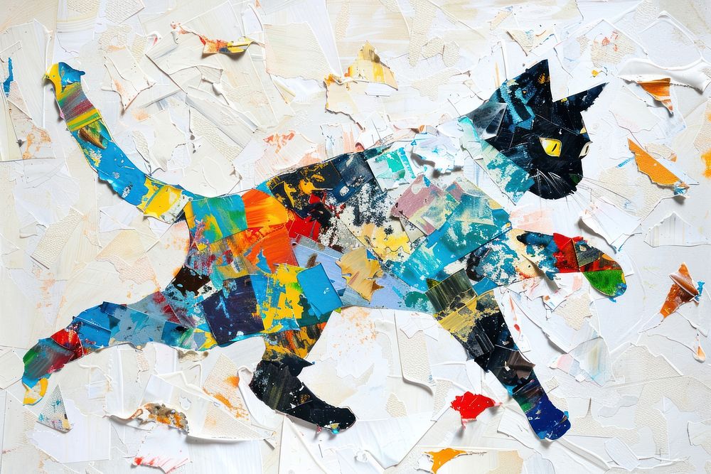 Running cat collage art painting.