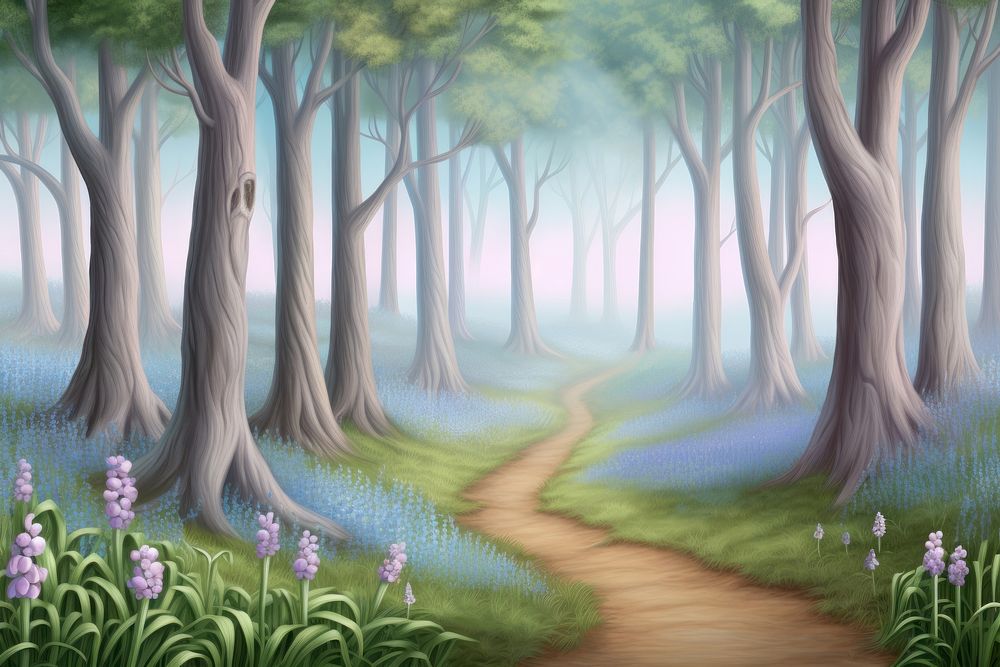 Painting of bluebell border backgrounds landscape woodland.