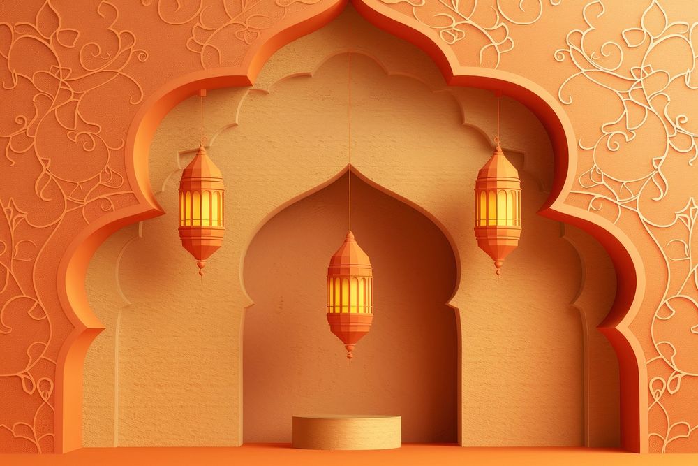 Eid mubarak with podium backdrop architecture building lighting.