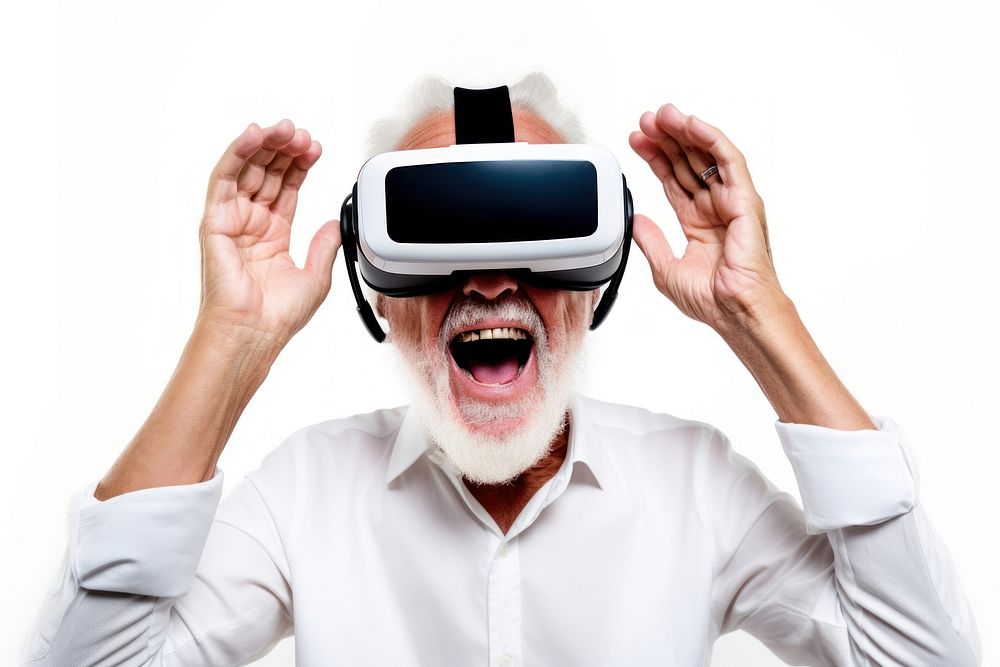 Old man VR-headset smiling human photo.