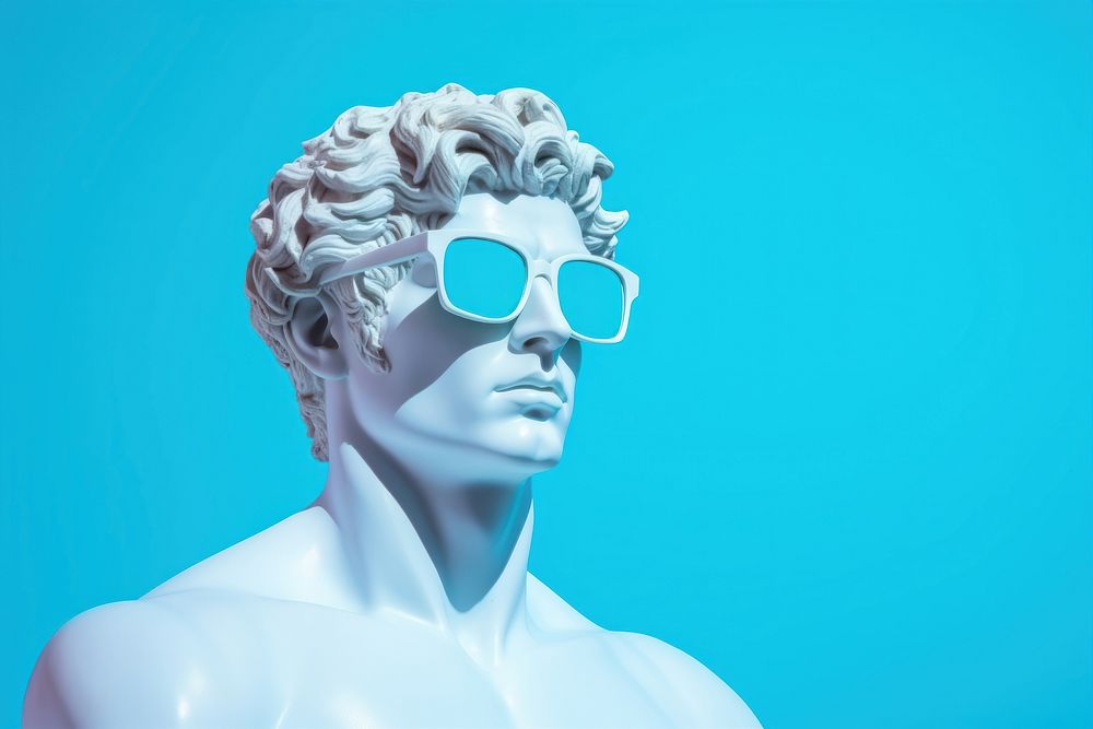 Apollo statue with sunglasses blue blue background representation.