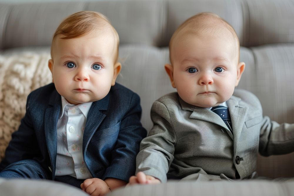 Baby boys in business suit portrait photo togetherness.