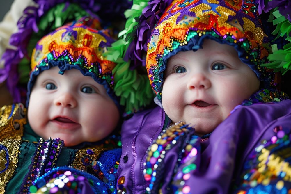 Baby boys in mardi gras portrait carnival costume.